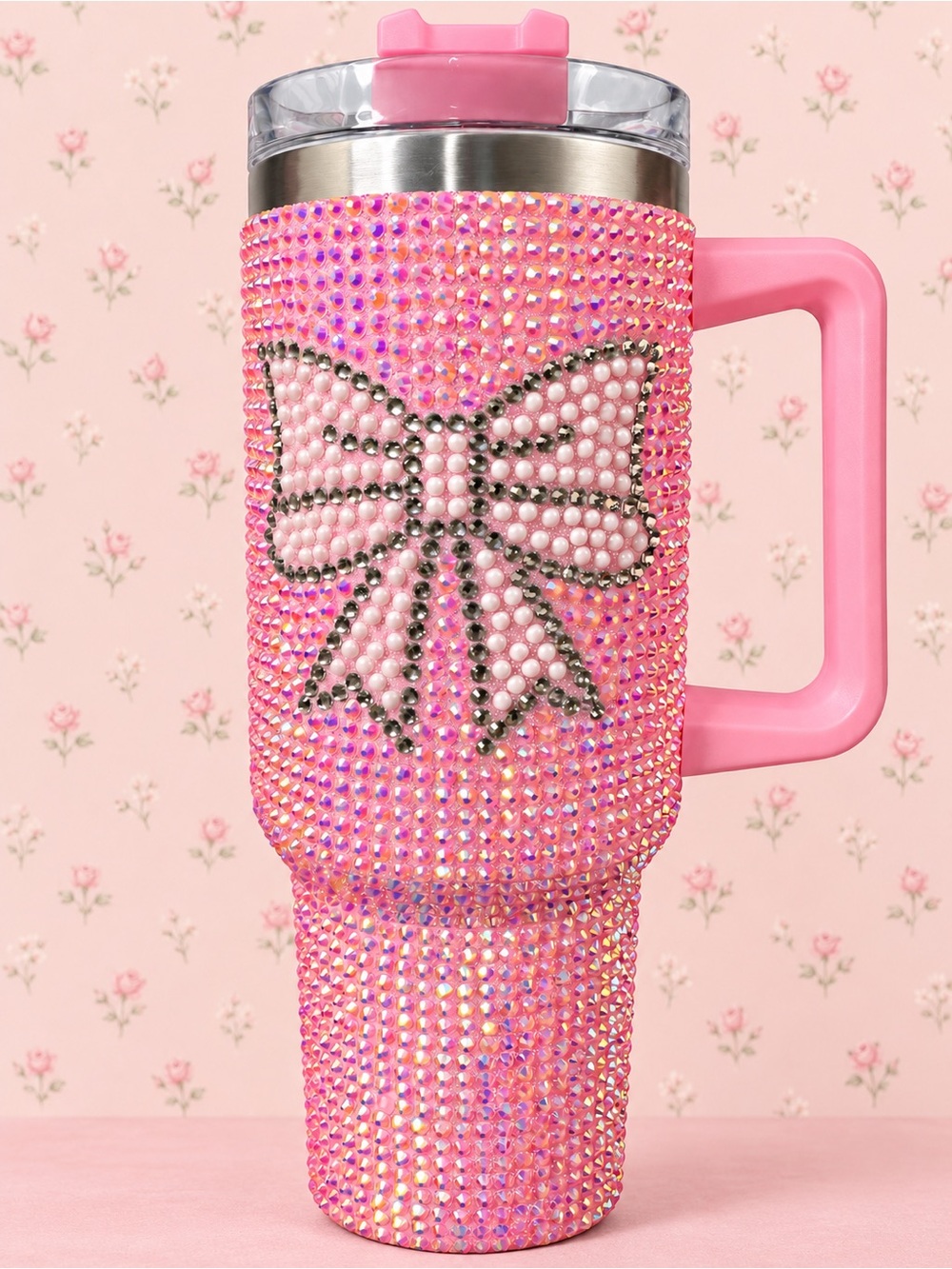 Pink Rhinestone Coquette Bow 40 oz Stainless Steel Tumbler with Straw